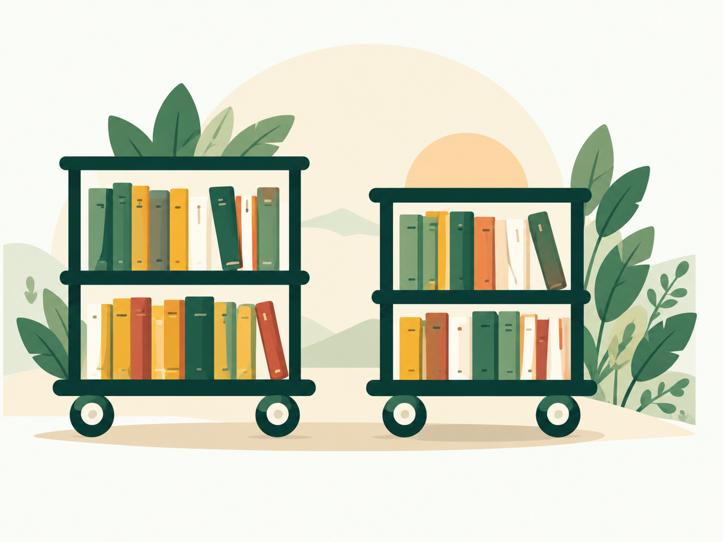 Approved illustration of two rolling book carts filled with children's books.