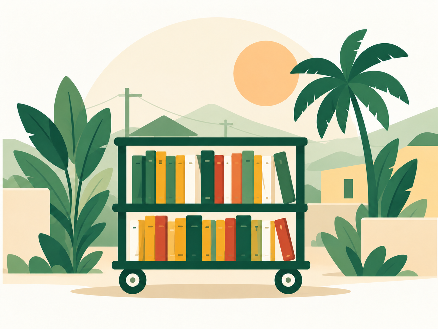Illustration of a book cart on a residential lane with colourful homes and greenery, evoking Trench Town.