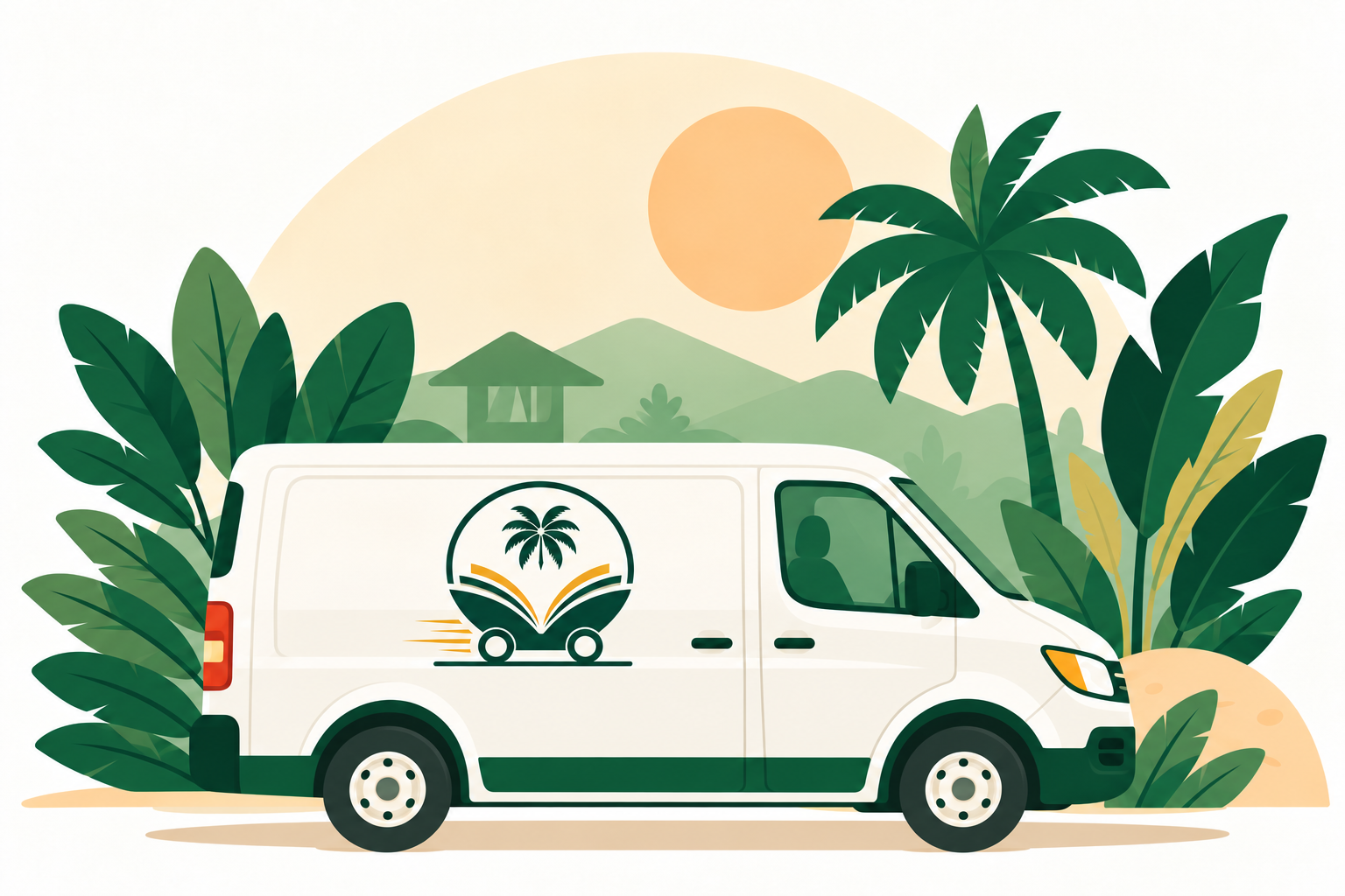 Illustration of a Books on Wheels Jamaica van surrounded by tropical foliage and a warm sun.